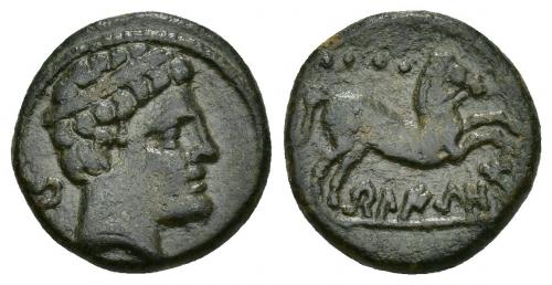40 - HISPANIA ANTIGUA. BELIKION. Cuadrante. A/ Cabeza diademada a der., delante Be. R/ Caballo golpeando a der., encima 4 glóbulos, debajo sobre línea BeLIKiON. AE 3,51 g. 15,5 mm. I-248. ACIP-1436. Pátina verde oscuro. MBC/MBC-. Rara.