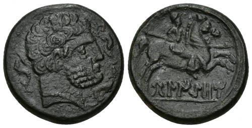 41 - HISPANIA ANTIGUA. BELIKION. As. A/ Cabeza masculina a der., alrededor 3 delfines. R/ Jinete lancero a der., debajo BeLIKiON. AE 10,35 g. 23,6 mm. I-244. ACIP-1437. Pátina oscura rugosa. MBC+. Muy rara.