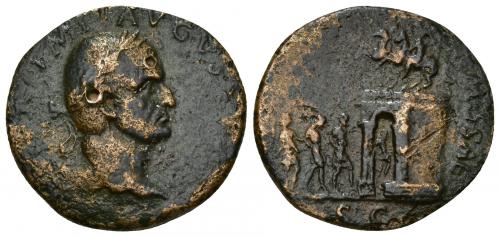 411 - IMPERIO ROMANO. GALBA. As. Tarrraco (68-69 d.C.). A/ Cabeza laureada a der.; (SER GALBA) IMP AVGVS(TVS). R/ Arco triunfal rematado por dos estatuas ecuestres hacia el que avanzan tres prisioneros y un oficial; (QVADRA GENS) REMISSAE, en exergo SC. AE 7,50 g. 26,7 mm. RIC-81. ACIP-4214. Erosiones. BC/BC+. Rara.