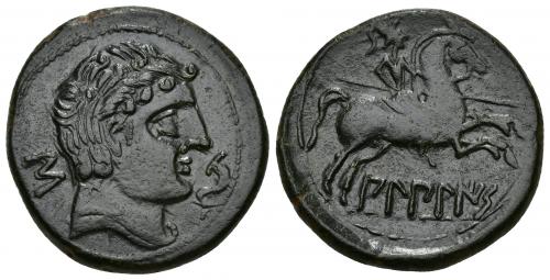 43 - HISPANIA ANTIGUA. BILBILIS. As. A/ Cabeza masculina con collar a der., delante delfín, detrás S. R/ Jinete lancero a der., debajo, sobre línea, BiLBiLIS. AE 13,28 g. 28,9 mm. I-254. ACIP-1568. Acuñación floja en rev. Pátina oscura. EBC/EBC-.