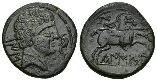 46 - HISPANIA ANTIGUA. KAISESA. Unidad. A/ Cabeza masculina a der., delante delfín, detrás BaIS. R/ Jinete lancero a der.; debajo, sobre línea, KaISESA. AE 11,87 g. 25,8 mm. Pequeñas erosiones. Pátina oscura. MBC+. Muy rara. Ex subasta Jesús Vico 143 (2015), lote 110.
