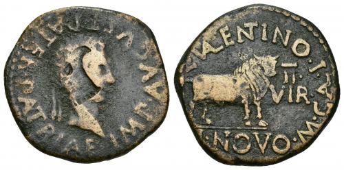 47 - HISPANIA ANTIGUA. CALAGURRIS. Augusto. As. A/ Cabeza laureada a der. R/ Toro a der.; (L). VALENTINO -L NOVO M CAL, delante II/VIR. AE 12,02 g. 28,4 mm. I-418. APRH-445d. ACIP-3326b. Resello cabeza de águila en anv. BC+/MBC.