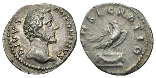 478 - IMPERIO ROMANO. ANTONINO PÍO (bajo Marco Aurelio). Denario. Roma. A/ Cabeza a der.; DIVVS ANTONINVS. R/ Águila a der. mirando atrás sobre altar; (C)ONSECRATIO. AR 3,45 g. 19,8 mm. RIC-430. EBC/MBC+.