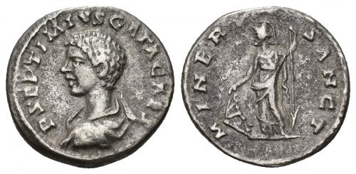505 - IMPERIO ROMANO. GETA. Denario. Laodicea ad Mare (203). A/ Buso desnudo y drapeado a izq.; P SEPTIMIVS GETA CAES. R/ Minerva de pi a izq. con escudo y lanza; MINERV SANCT. AR 3,45 g. 18,90 mm. RIC-105b. MBC-. Rara.
