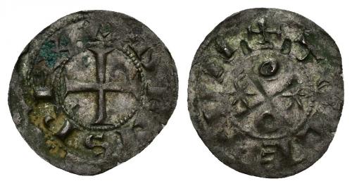 575 - REINOS DE CASTILLA Y LEÓN. ALFONSO VI. Óbolo. Toledo. III-8.2. BMM-10.2. Imperatrix A6:7.1. VE 0,27 g. 14,4 mm. Oxidaciones. EBC-. Muy escasa.