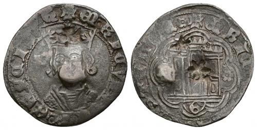 597 - REINOS DE CASTILLA Y LEÓN. ENRIQUE IV. Cuarto. Guadalajara. Resellos en forma de flor y cruz. AR 3,55 g. 25,5 mm. MBC-.