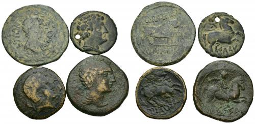 6   -  HISPANIA ANTIGUA. Lote de 4 monedas: 1 as de Augusto de Celsa, 1 semis de Kelse, 1 as de Kese y un as de Titum., uno de ellos con agujero. BC/MBC-.