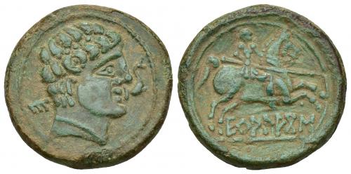 70 - HISPANIA ANTIGUA. EKUALAKOS. Unidad. A/ Cabeza masculina con collar a der., delante delfín, detrás E. R/ Jinete lancero a der., debajo sobre línea EKuALAKoS. AE 13,16 g. 26,3 mm. I-969. ACIP-1847. Preciosa pátina verde. MBC. Escasa.