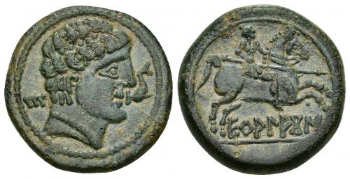 71 - HISPANIA ANTIGUA. EKUALAKOS. Unidad. A/ Cabeza masculina con collar a der., delante delfín, detrás E. R/ Jinete lancero a der., debajo sobre línea EKuALAKoS. AE 12,28 g. 25,1 mm. I-969. ACIP-1847. Pátina verde oscuro. MBC/MBC+. Escasa.
