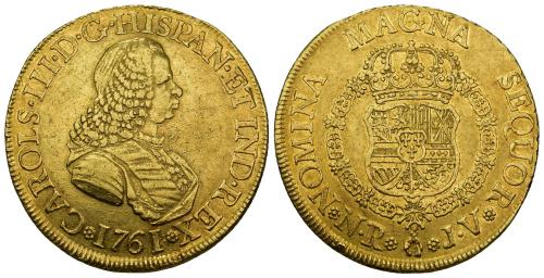 759 - CARLOS III. 8 escudos. 1761. Nuevo Reino. JV. AU 26,96 g. 37,3 mm. VI-1669. Golpecito en gráfila del rev. MBC+. Rara.