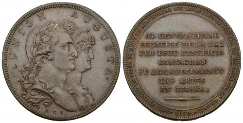 773   -  CARLOS IV. Medalla "Al príncipe de la paz". 1804. Grabador: M.G.S. (Sepúlveda). En el canto ACUÑA SUPERFICIE Y CANTO A UN SOLO GOLPE. AE 26,07 g. 40 mm. MPN-311. EBC.