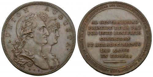 773 - CARLOS IV. Medalla "Al príncipe de la paz". 1804. Grabador: M.G.S. (Sepúlveda). En el canto ACUÑA SUPERFICIE Y CANTO A UN SOLO GOLPE. AE 26,07 g. 40 mm. MPN-311. EBC.