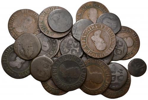 786 - FERNANDO VII. Lote de 23 piezas: Felipe V (1 dinero y 10 tresetas) y Fernando VII (12 piezas de 12 dineros de Mallorca, 1812). De MC a MBC-.