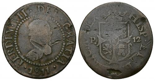 789 - FERNANDO VII. 12 dineros. 1811. Mallorca. Posiblemente falsa de época. En cualquier caso, muy rara. Golpes y rayas. BC+/BC-.