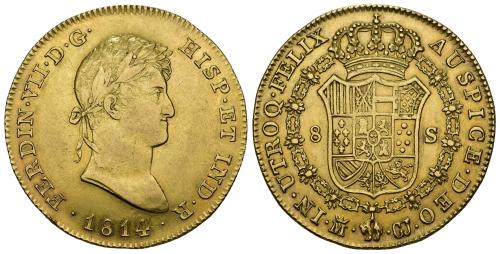 803   -  FERNANDO VII. 8 escudos. 1814. Madrid. GJ. AU 26,96 g. 36,9 mm. VI-1474. Mínimo golpecito en la gráfila del anv. R.B.O. MBC+. Rara.