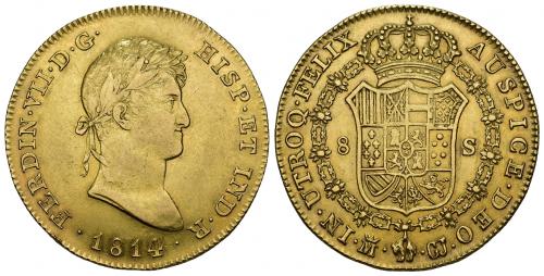 803 - FERNANDO VII. 8 escudos. 1814. Madrid. GJ. AU 26,96 g. 36,9 mm. VI-1474. Mínimo golpecito en la gráfila del anv. R.B.O. MBC+. Rara.