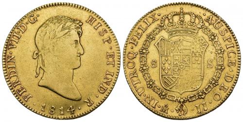 808   -  FERNANDO VII. 8 escudos. 1814. México. JJ. AR 26,99 g. 36,9 mm. VI-1487. Leve vano en rev. MBC.