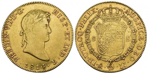808 - FERNANDO VII. 8 escudos. 1814. México. JJ. AR 26,99 g. 36,9 mm. VI-1487. Leve vano en rev. MBC.