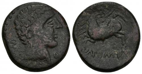 82 - HISPANIA ANTIGUA. IKALKUSKEN. As. A/ Cabeza masculina a der., detrás CNF, delante Q. R/ Jinete con rodela y lanza a izq., IKaLKuNSKeN. AE 17,8 g. 26,6 mm. I-1418 vte. AIP-2098. MBC-/BC+. Rarísima. Ex Áureo, 4-3-1998, lote 1466.