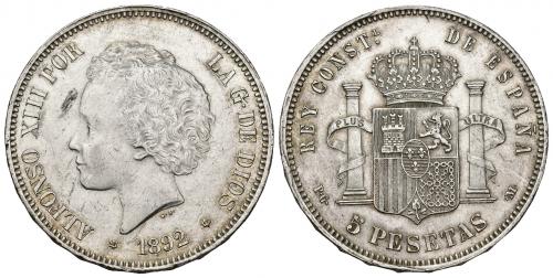 845 - ALFONSO XIII. 5 pesetas. 1892* 18-92. Madrid. PGM. AR 24,95 g. 37,68 mm. VII-184. Pequeñas marcas. R.B.O. EBC.