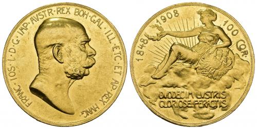 858 - MONEDAS EXTRANJERAS. AUSTRIA. Francisco José I. 100 coronas. 1908. LX aniversario del reinado. AU 33,9 g. 36,9 mm. KM-2812. Leves golpecitos en canto. B.O. EBC+. Rara.