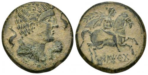 91 - HISPANIA ANTIGUA. ILTIRTA. As semiuncial. A/ Cabeza masculina con cuello vestido y fíbula a der., alrededor tres delfines R/ Jinete con palma y clámide a der., debajo sobre línea ILTiRTa. AE 19,59 g. 30,3 mm. I-1645. ACIP-1249. Pátina verde terrosa. EBC-.