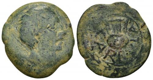 3001 - HISPANIA ANTIGUA. CARBULA. Unidad o duplo. A/ Cabeza masculina a der., delante signo serpentiforme. R/ Lira, alrededor CARBVLA, todo dentro de láurea. AE 14,26 g. 28,4 mm. I-439 vte. ACIP-2311. Pátina verde. BC+. Rara. Ex subasta Áureo 85.1. Colección Tartessos (1997), lote 808.
