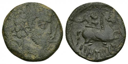 104 - HISPANIA ANTIGUA. ONTIKES. Unidad. A/ Cabeza masculina con collar a der., delante arado, detrás delfín. R/ Jinete con lanza y triquetra a der., debajo ONTiKeS. AE7,83 g. 24,04 mm. I-1888. ACIP-1693. Pátina oscura. BC/BC+. Muy rara. Ex Vico, 13-11-1997, lote 64.