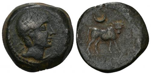 11 - HISPANIA ANTIGUA. KASTILO-CASTULO. Semis. A/ Cabeza masculina a der. R/ Toro a der., encima creciente, exergo KaSTiLO. AE 12,80 g. 23,5 mm. I-716. ACIP-2115. BC+. Muy escasa.