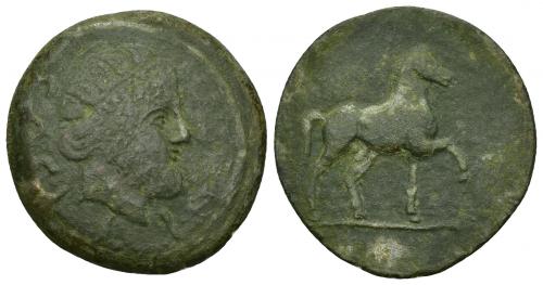 116 - HISPANIA ANTIGUA. SACILI. Unidad. A/ Cabeza masculina barbada y diademada a der., detrás SACILI. R/ Caballo al paso a der., debajo ley. fenicia r'sil, no legible. AE 17,06 g. 33,64 mm. I-2019 vte. ACIP-954. Pátina verde. BC-. Rara. Ex Hervera, 12-3-2002.