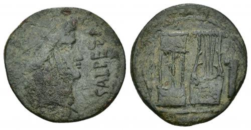 122 - HISPANIA ANTIGUA. SALPESA. As. A/ Cabeza de Apolo a der., delante SALPESA. R/ Arco, trípode, lira y carcaj. AE 7,71 g. 27,03 mm. I-2109. ACIP-2317. Pátina verde con concreciones. BC+/MBC. Rara. Ex Áureo, 21-4-1998, lote 174.