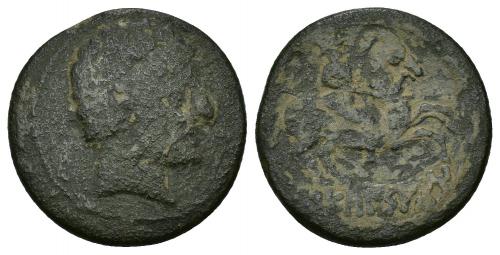 127 - HISPANIA ANTIGUA. SEKAISA. Unidad. A/ Cabeza masculina a der. R/ Jinete a der., debajo SEKaISAKoM. AE 7,6 g. 24,3 mm. I-2116. ACIP-1540. RC/BC-.