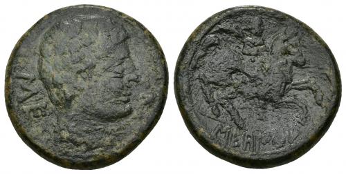 128 - HISPANIA ANTIGUA. SEKAISA. As. A/ Cabeza masculina a der., delante delfín, detrás SE. R/ Jinete con palma a der., en exergo SEKaISA. AE 18,66 g. 29,78 mm. I-2121. ACIP-1544. Pátina oscura con erosiones. BC+.