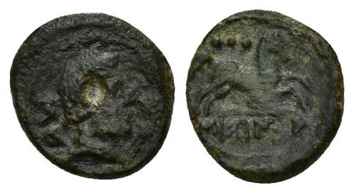 130 - HISPANIA ANTIGUA. SEKAISA. Cuarto. A/ Cabeza masculina diademada a der., detrás SE. R/ Caballo galopando a der., encima tres glóbulos, bajo línea SEKaISA. AE 1,85 g. 13,34 mm. I-2150. ACIP-1546. Erosión en anv. Campos repasados. Pátina oscura. BC+/MBC. Rara. Ex Áureo, 16-12-1999, lote 2101.