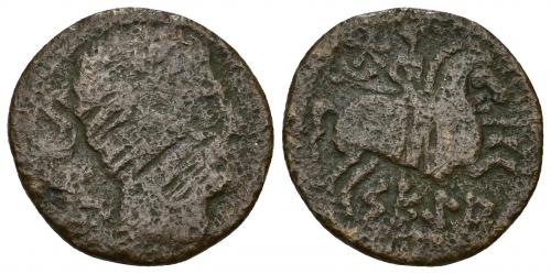 136 - HISPANIA ANTIGUA. SEKIA. As. A/ Cabeza masculina a der., detrás dos delfines. R/ Jinete lancero a der., detrás creciente y estrella, debajo SEKiA. AE 10,25 g. 27,25 mm. I-2157. ACIP-1454. Rayas. RC/BC.