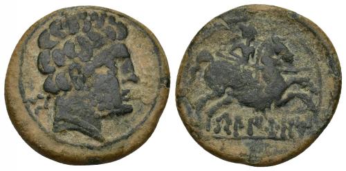 14 - HISPANIA ANTIGUA. BELIKIOM. As. A/ Cabeza masculina con collar a der., detrás Be. R/ Jinete lancero a der., debajo sobre línea BeLIKiOM. AE 9,39 g. 25,1 mm. I-243. ACIP-1437. Pátina verde. BC+.
