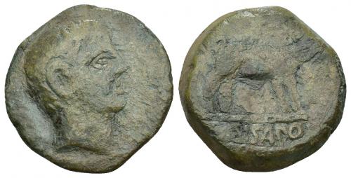 144 - HISPANIA ANTIGUA. SISAPO. As. A/ Cabeza masculina a der. R/ Jabalí a der., bajo línea SISAPO. AE 16,8 g. 28,47 mm. I-2253. ACIP-2442. Campos repasados. BC. Rara. Ex Pliego, 5-12-2001.