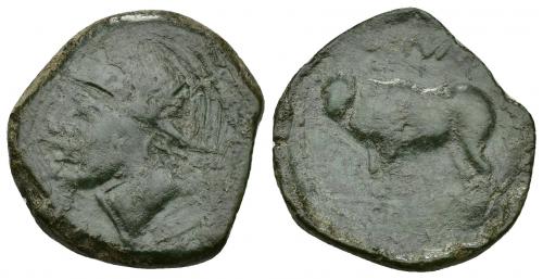 145 - HISPANIA ANTIGUA. SISIPO. As. A/ Cabeza con casco a der. R/ Toro parado a izq., encima (DE)TVMO, debajo S(ISIPO). AE 12,85 g. 28,64 mm. I-2254. ACIP-2499. Pátina verde. BC/BC+. Muy rara. Compra privada Pliego (1999).