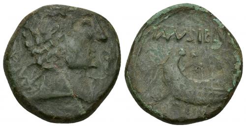 147 - HISPANIA ANTIGUA. TAMUSIENS. As. A/ Cabeza masculina a der., delante delfín, detrás signos ibéricos TaM. R/ Nave con remeros a der., encima TAMVSIEN(SI). AE 18,77 g. 19,85 mm. I-2263. ACIP-2503. Rev. algo descentrado. Raya en anv. Pátina verde con erosiones. MBC-. Muy rara.