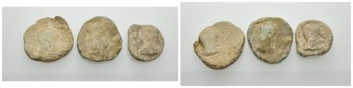 16 - HISPANIA ANTIGUA. CARBULA. Lote de 3 plomos monetiformes. A/ Cabeza a der. R/ Lira. I-445. CCP-p. 4. RC.