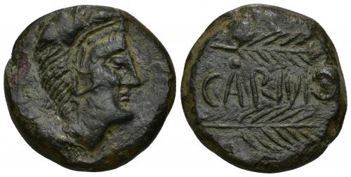 19 - HISPANIA ANTIGUA. CARMO. Unidad. A/ Cabeza de Hércules con leonté a der. R/ Dos palmas a der., en medio CARMO.AE 23,45 g. 29,1 mm. I-471. ACIP-2398. Erosión en anv. Pátina verde oscuro. MBC.