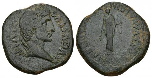 21 - HISPANIA ANTIGUA. CARTHAGO NOVA. Augusto. As. A/ Cabeza laureada a der.; AVGVSTVS DIVI F. R/ Figura de sacerdote; (M P)OSTUM ALBIN (L PORC) CAPIT II VIR Q. AE 13,54 g. 28,7 mm. I-576. APRH-170. ACIP-3140. Campos repasados. Pátina verde oscuro. MBC-. Ex Pliego 7-12-2000.