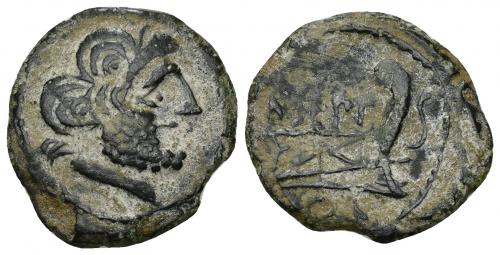 22 - HISPANIA ANTIGUA. CARTEIA. Semis. A/ Cabeza de Júpiter a der. R/ Proa a der., encima M SEPT, debajo CAR, delante S. AE 5,27 g. 23,1 mm. I-624 (vte.). ACIP-2568. Pátina oscura terrosa. MBC. Rarísima.