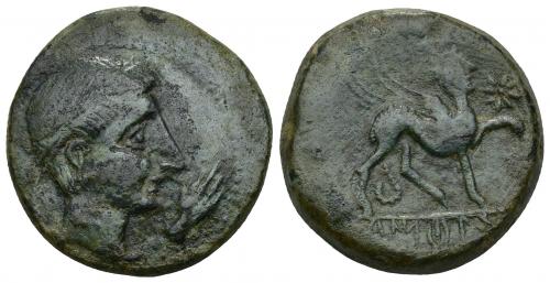 25 - HISPANIA ANTIGUA. CASTULO. As. A/ Cabeza masculina laureada a der., delante mano. R/ Esfinge a der., delante estrella; bajo línea KaSTiLO. AE 19,78 g. 27,1 mm. I-707. ACIP-2143. Pátina verde. MBC-. Compra privada Pliego (1994).