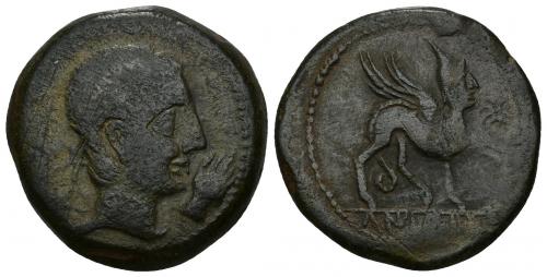 26 - HISPANIA ANTIGUA. KASTILO-CASTULO. As. A/ Cabeza masculina diademada a der., delante mano. R/ Esfinge avanzando a der., delante estrella, en exergo KaSTiLO. AE 16,64 g. 28,7 mm. I-701. ACIP-2143. BC+/MBC-.