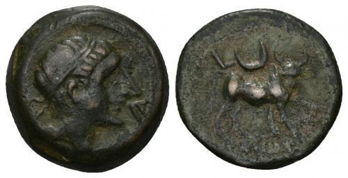 29 - HISPANIA ANTIGUA. KASTILO-CASTULO. Semis. A/ Cabeza masculina diademada a der., delante signo Ka. R/ Toro a der., encima L y creciente, en exrgo KaSTiLO. AE 6,70 g. 18,4 mm. I-722. ACIP-2156. MBC-.