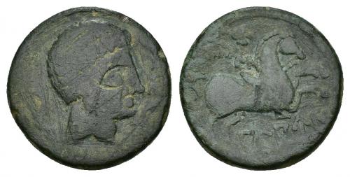 3 - HISPANIA ANTIGUA. ALAUN. As. A/ Cabeza masculina con peinado en tres filas, alrededor tres delfines. R/ Jinete con palma a der., debajo, doble línea, ley. ibérica ALAUN. AE 14,42 g. 27,9 mm. I-62 vte. estilo. ACIP-1471. Múltiples rayitas. Pátina verde. BC+/MBC-. Rara.