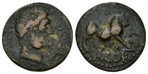 30 - HISPANIA ANTIGUA. KASTILO-CASTULO. Semis. A/ Cabeza masculina diademada a der.; (M P)OP ILL(M F). R/ Toro a der.; P COESTA RE F (poco visible). AE 9,01 g. 22 mm. I-731. ACIP-2161. BC+/MBC-. Rara.