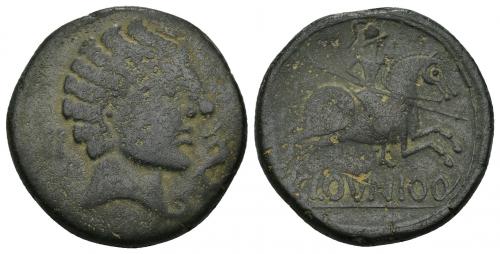 33 - HISPANIA ANTIGUA. CLOUNIOQ. Unidad. A/ Cabeza masculina con manto y fíbula a der., delante delfín, detrás II. R/ Jinete lancero a der., debajo sobre línea CLOVNIOQ. AE 42,05 g. 26 mm. Pátina verde. BC+/MBC-. I-834. ACIP-1825.