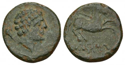 35 - HISPANIA ANTIGUA. KONTERBIA KARBIKA. Divisor. A/ Cabeza masculina a der., detrás delfín. R/ Caballo con rienda suelta a der., bajo línea KaRBiKa. AE 4,1 g. 18,8 mm. I-854. ACIP-1831. Pátina verde. MBC-.